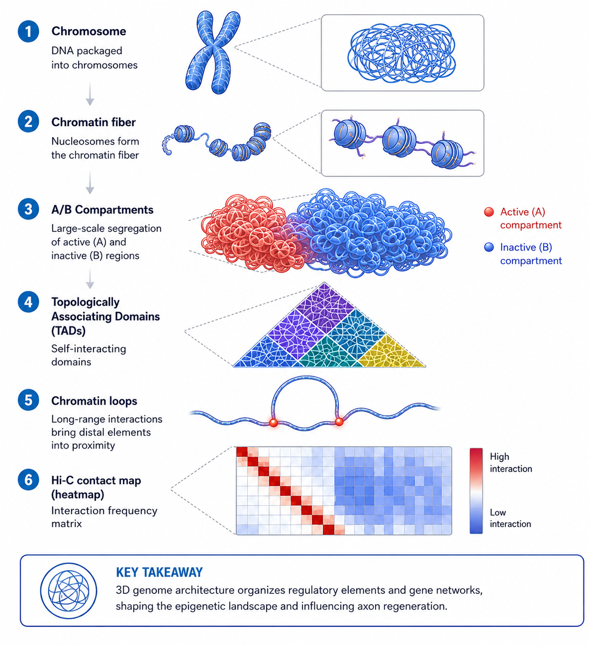 3D genome organization from chromosome to chromatin loops to Hi-C contact map